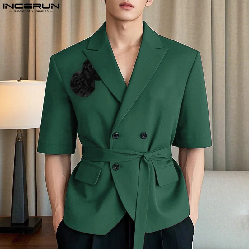 INCERUN Men Blazer Flower Patchwork Lapel Half Sleeve Casual Male Suits Autumn Streetwear 2026 Double Breasted Men Thin Coats
