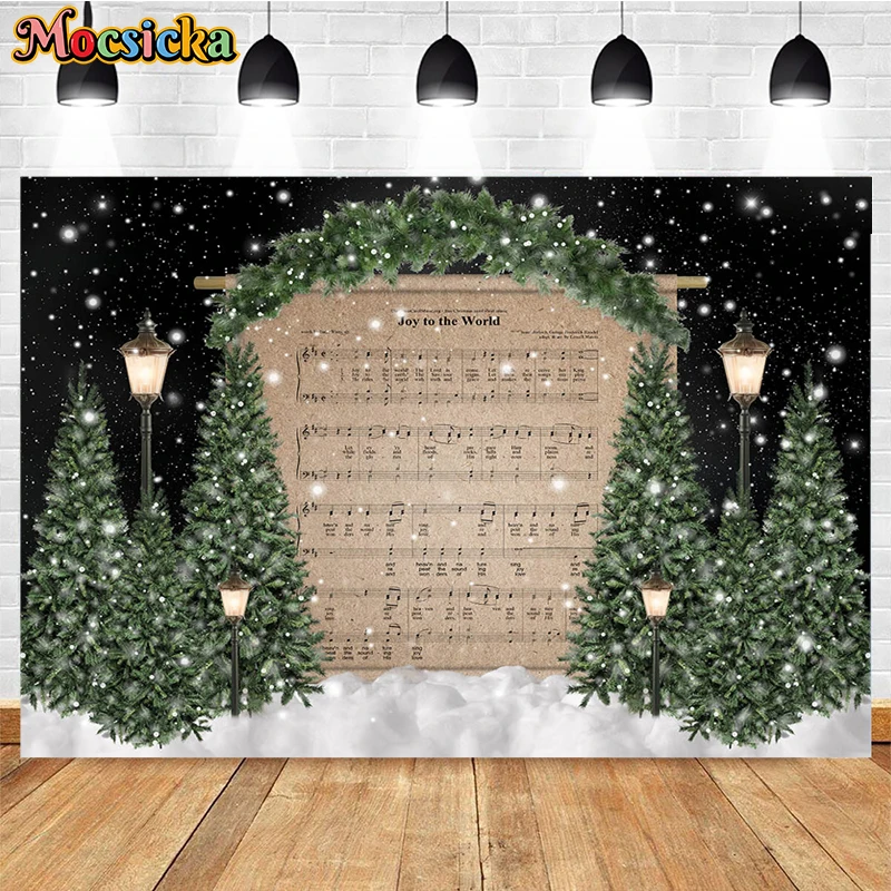 Mocsicka Christmas Backdrop Xmas Tree Winter Snow Music Score Decors Kids Birthday Backgrounds Photographs Shooting Props Banner