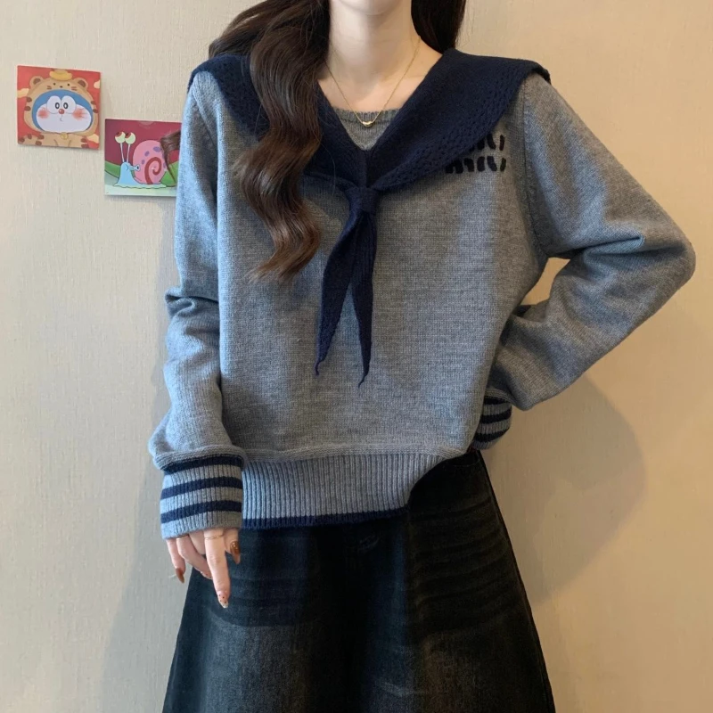 Navy Collar Knitted Sweater Age Reducing Top College Style Sweet Shawl Fake Two Pieces of Outerwear for Women