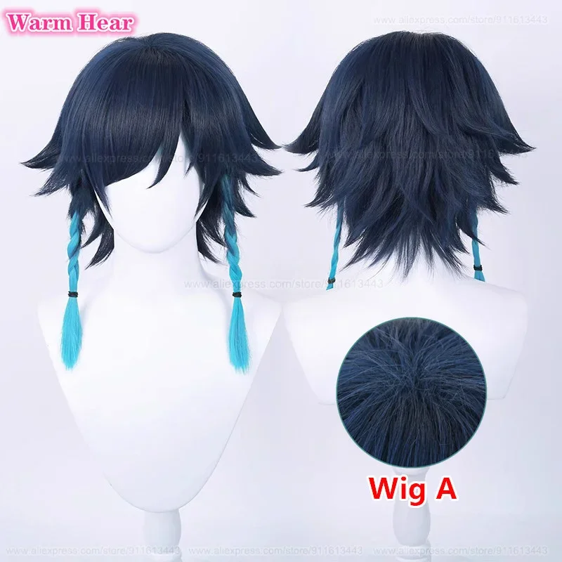 2 Styles Venti Synthetic Anime Long 42cm Blue Gradient Double Braids Cosplay Anime Wig Heat Resistant Hair Halloween Party Wigs