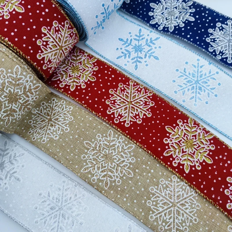 10 Yards Christmas Snowflake Printed Ribbons Fabric Print Wired Edge DIY XMAS Gift Wrapping Ribbon Wreath Bow Craft 2024