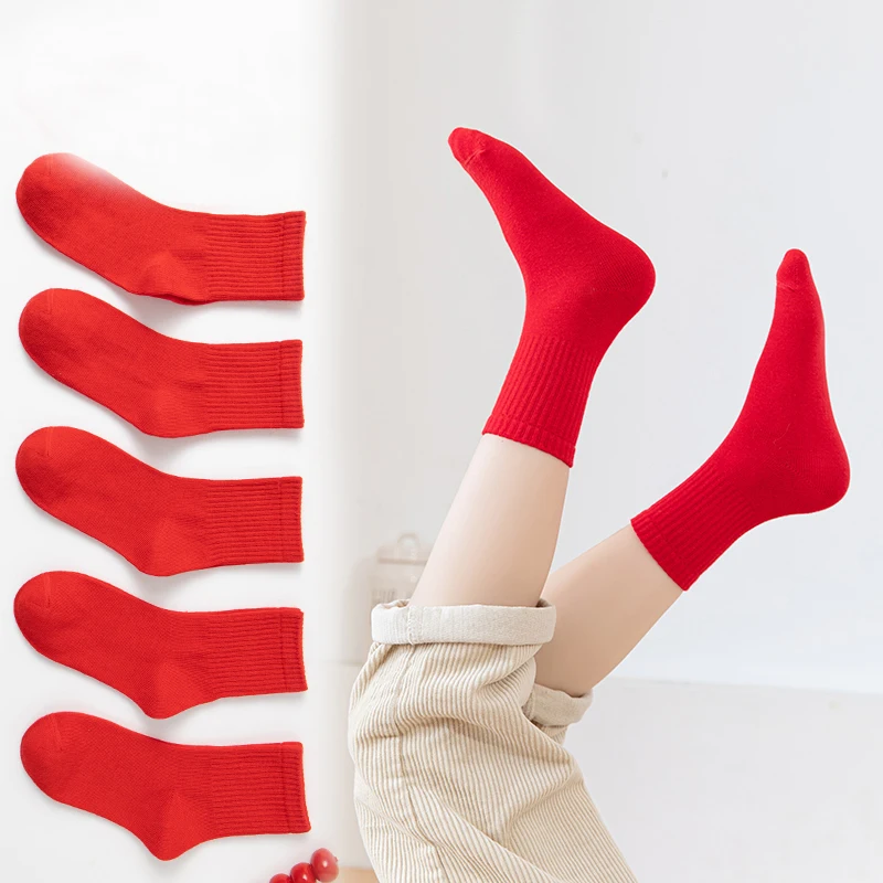 Calcetines de algodón rojo puro para niño y niña, medias deportivas y de ocio para primavera y otoño, 2 a 12 años