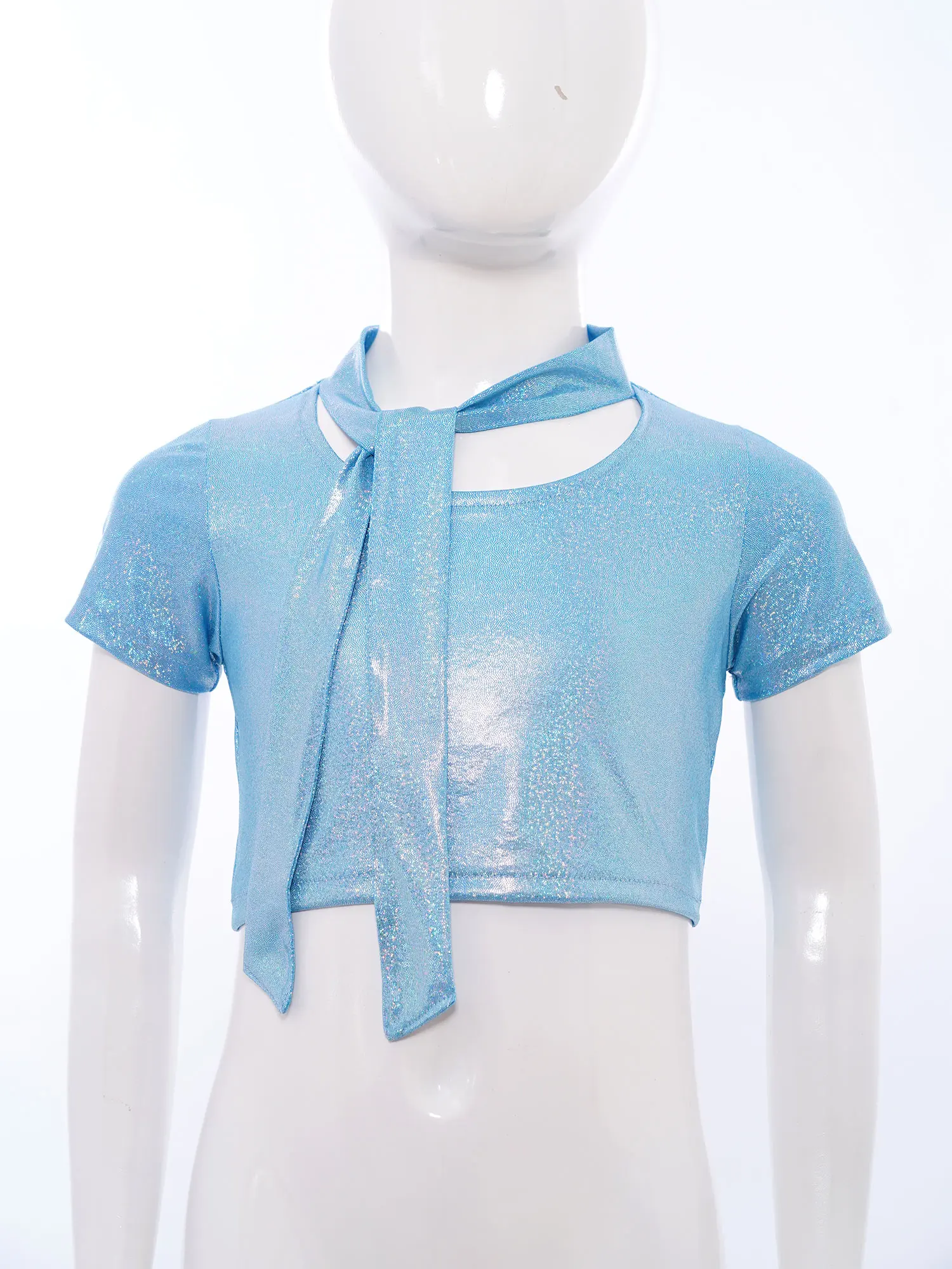 Girls Shirt Lace-up Collar Short Sleeves Metallic T-shirt Dance Crop Top for Cheerleading Jazz Dance Stage Performance Party