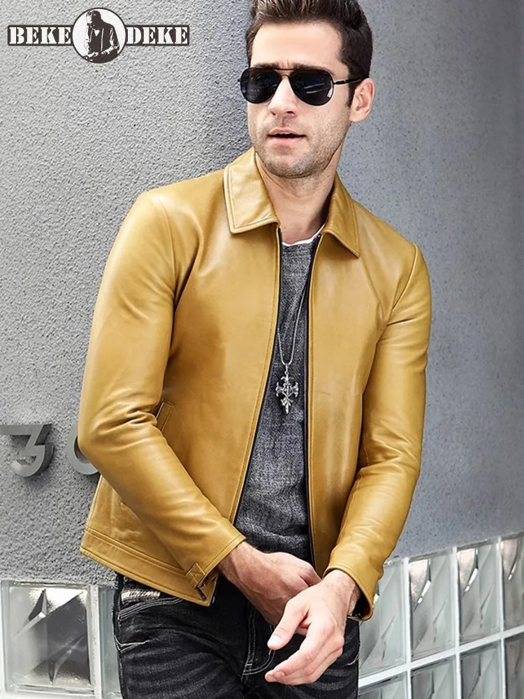 Spring New Business Men Work Slim Fit Jacket Sheepskin Genuine Leather Jacket Lapel Collar Zipper Short Style Outerwear Coats