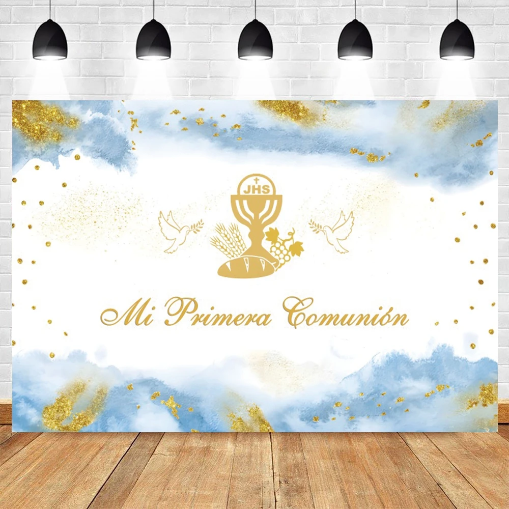 Boy Girl First Communion Photography Backdrop Decor Gold Cross Grail God Bless Baptism Christening Baby Shower Photo Background