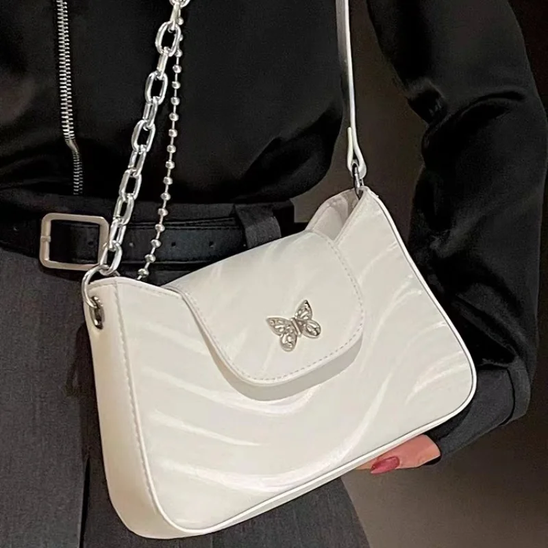 2024 Trendy Black Chain Shoulder Bags for Women Fashion Butterfly PU Leather Underarm Bags Y2k High Street White Handbags Purse