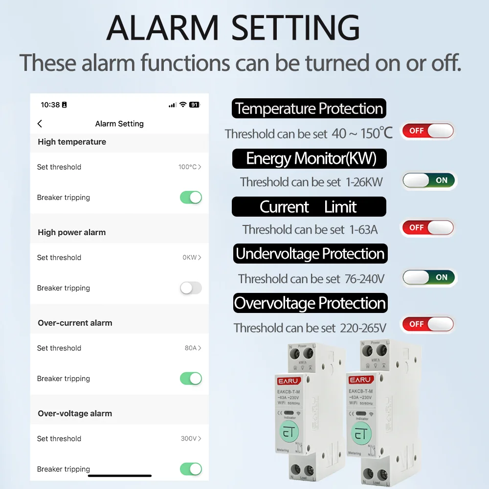 Imagem -03 - Zigbee Tuya Wifi Inteligente Disjuntor sobre Corrente sob Tensão Proteção Medição de Potência 163a Interruptor de Controle Remoto sem Fio