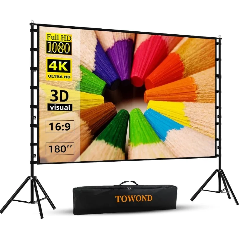 Projector Screen and Stand, TOWOND 180 Inch Outdoor Projection Screen, Portable 16:9 4K HD Rear Front Movie Screen