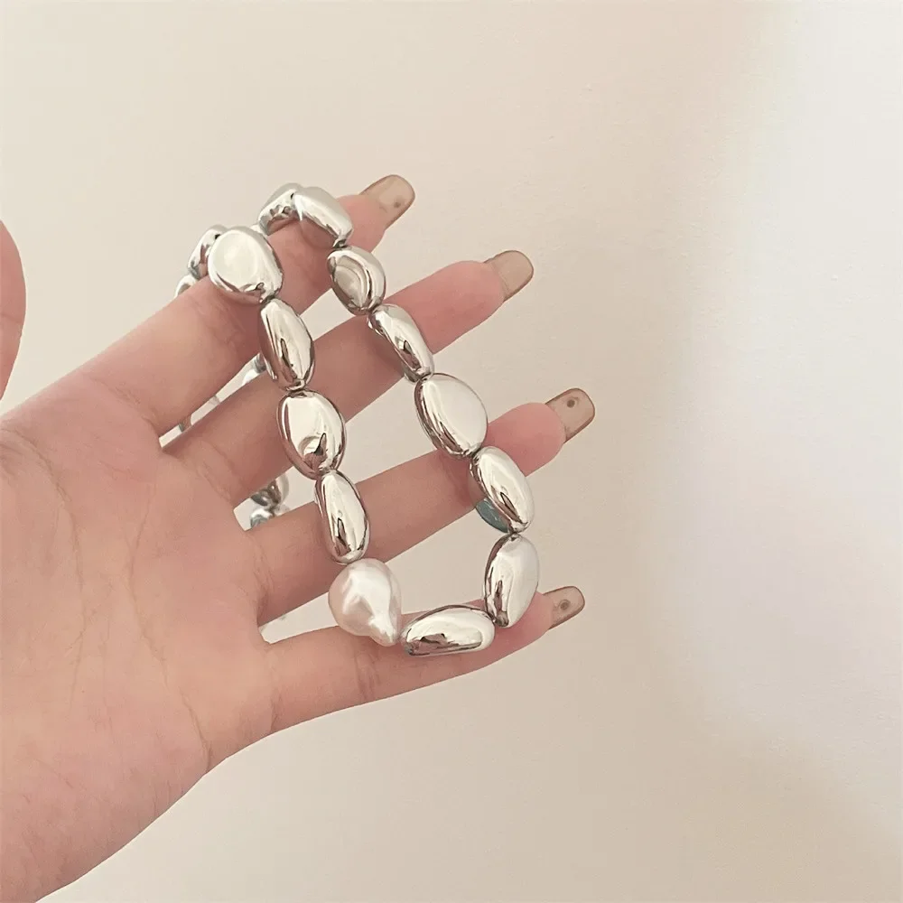 Vintage Silver-plate CCB Geometric Chain Artificial Pearl Necklace For Women Female Fashion Boho Y2K Girl Jewelry Gift