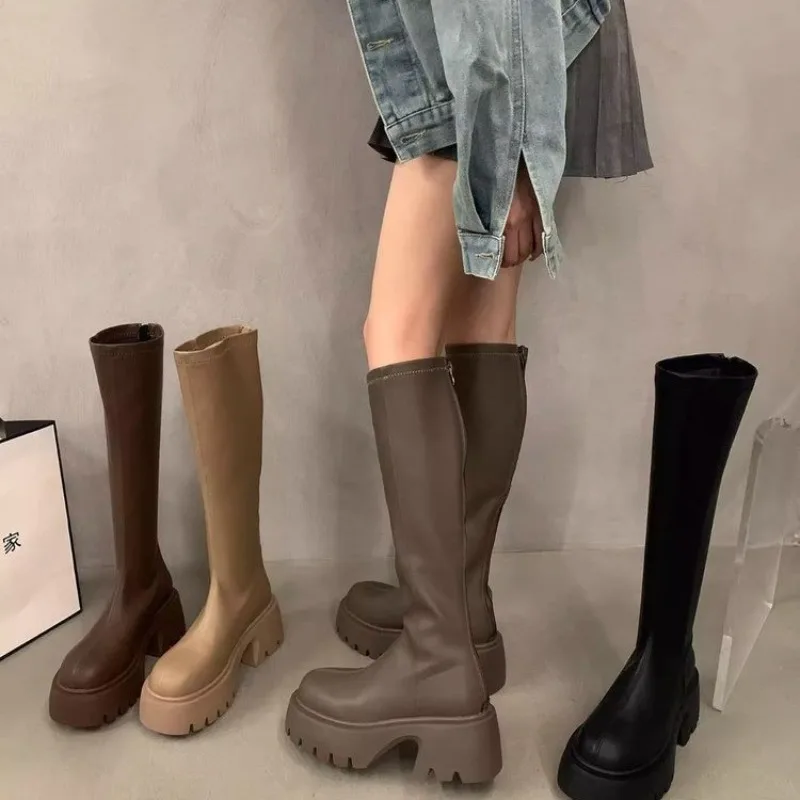 New Style Popular Platform Women Knee-High Boots Fashion Zippers Shoes Autumn Winter Thick Heel Women's Knight Long Booties