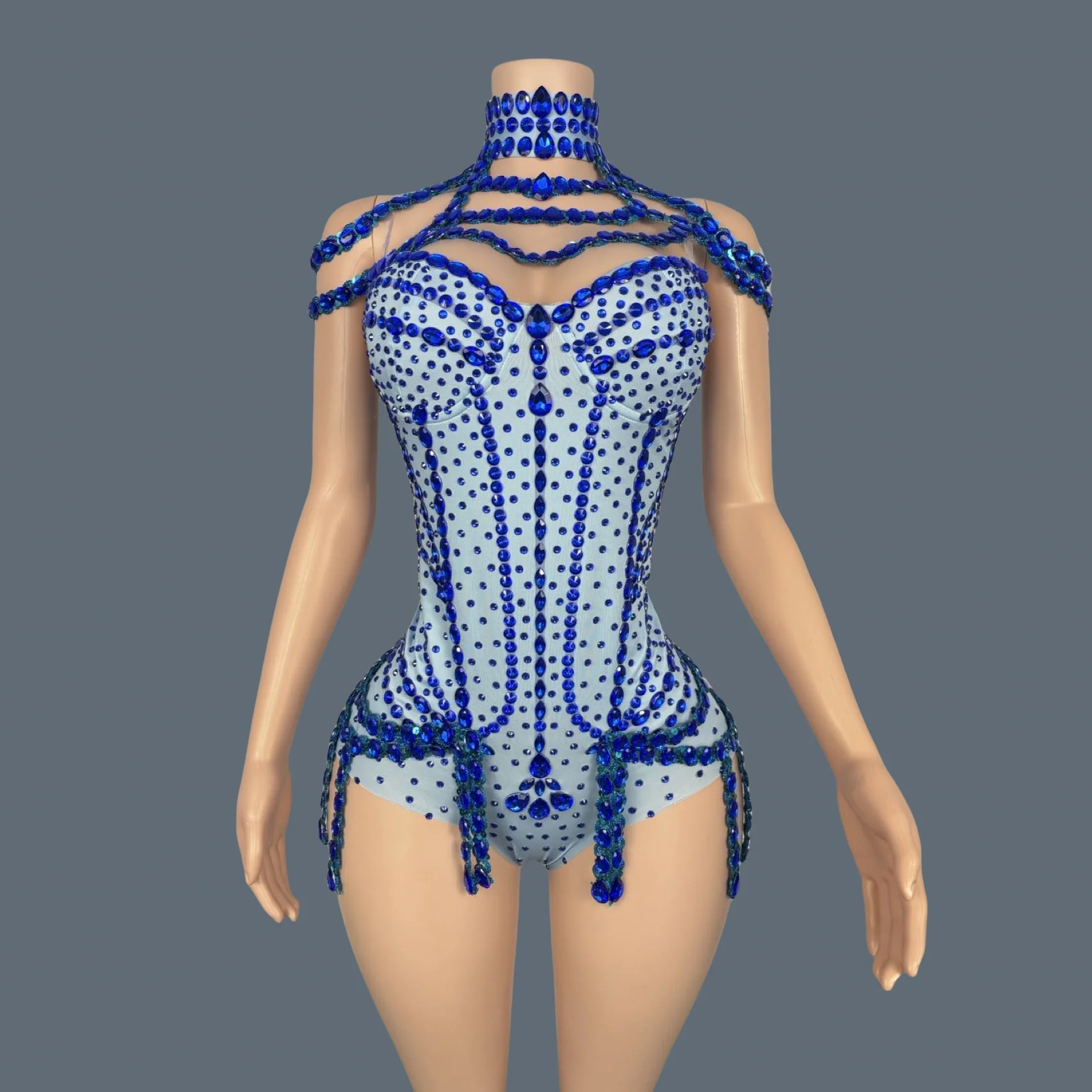 Sparkly Rhinestones Fringes Blue Bodysuit for Women Sexy Dance Show Costume Night Party Outfit Singer Dancer Stage Wear Xiaolan