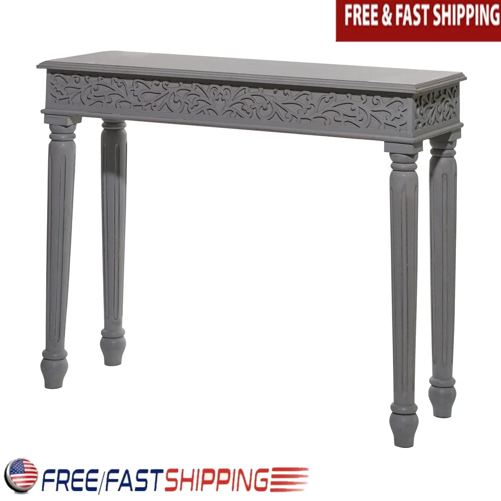 

Gray Wood Intricately Carved Console Table Rustic Scroll Design Indoor Accent Furniture Entryway Table Stable Durable