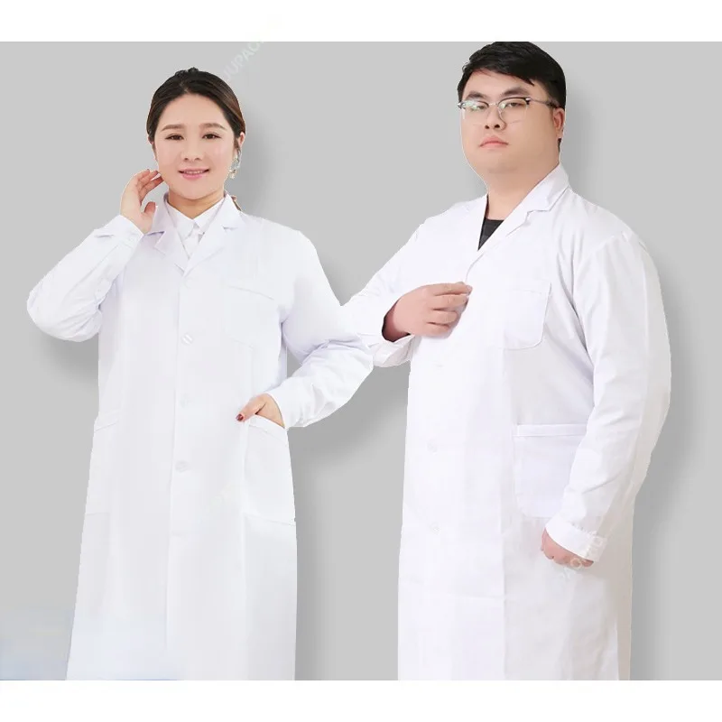 Bata de laboratorio de manga corta para médico, vestido de enfermera, uniformes médicos de manga larga, chaqueta blanca con cinturón de cintura ajustable, talla grande