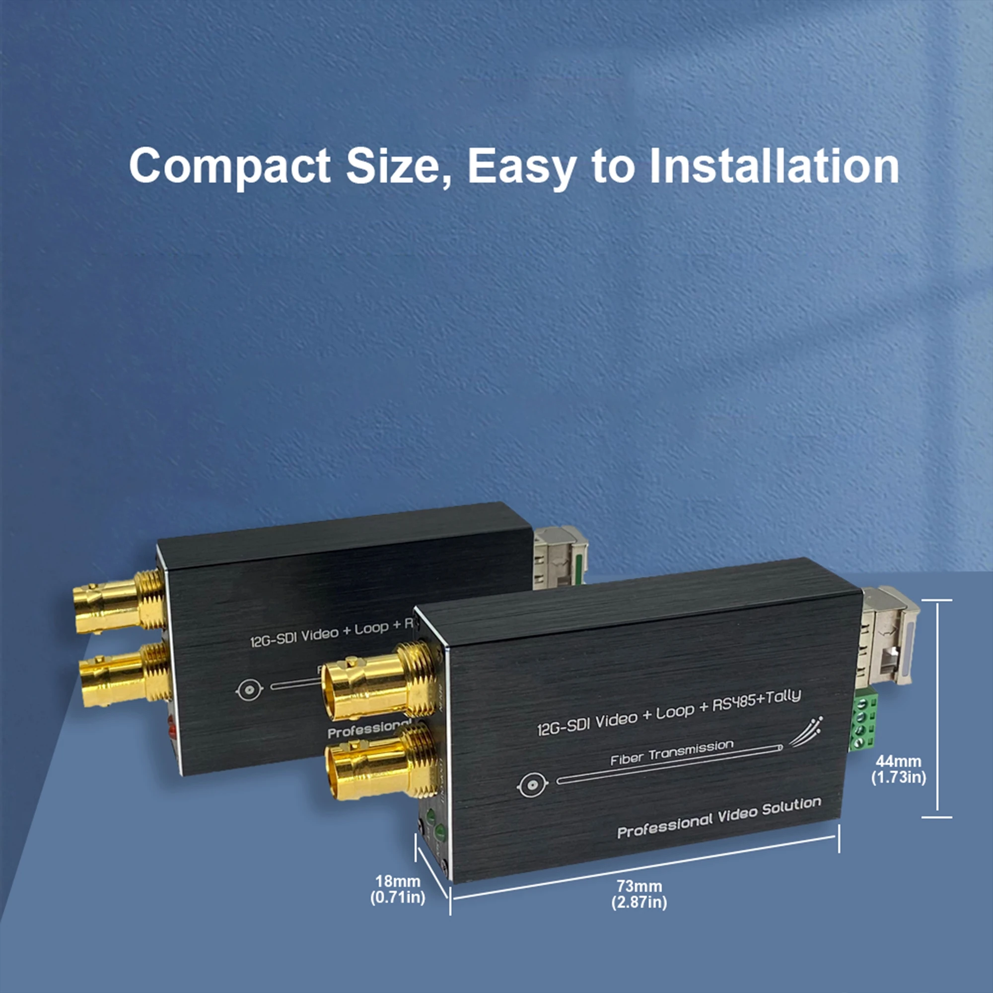 Mini 12G SDI over Fiber Converter, up to 20km over single mode fiber, with RS485, Tally, Loop Output