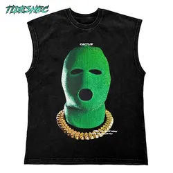 Vintage Headwear Tank Top Green Gangster Hood Graphic Print T Shirt Cotton Hip Hop Streetwear Oversize Pattern Washed Tops Vest