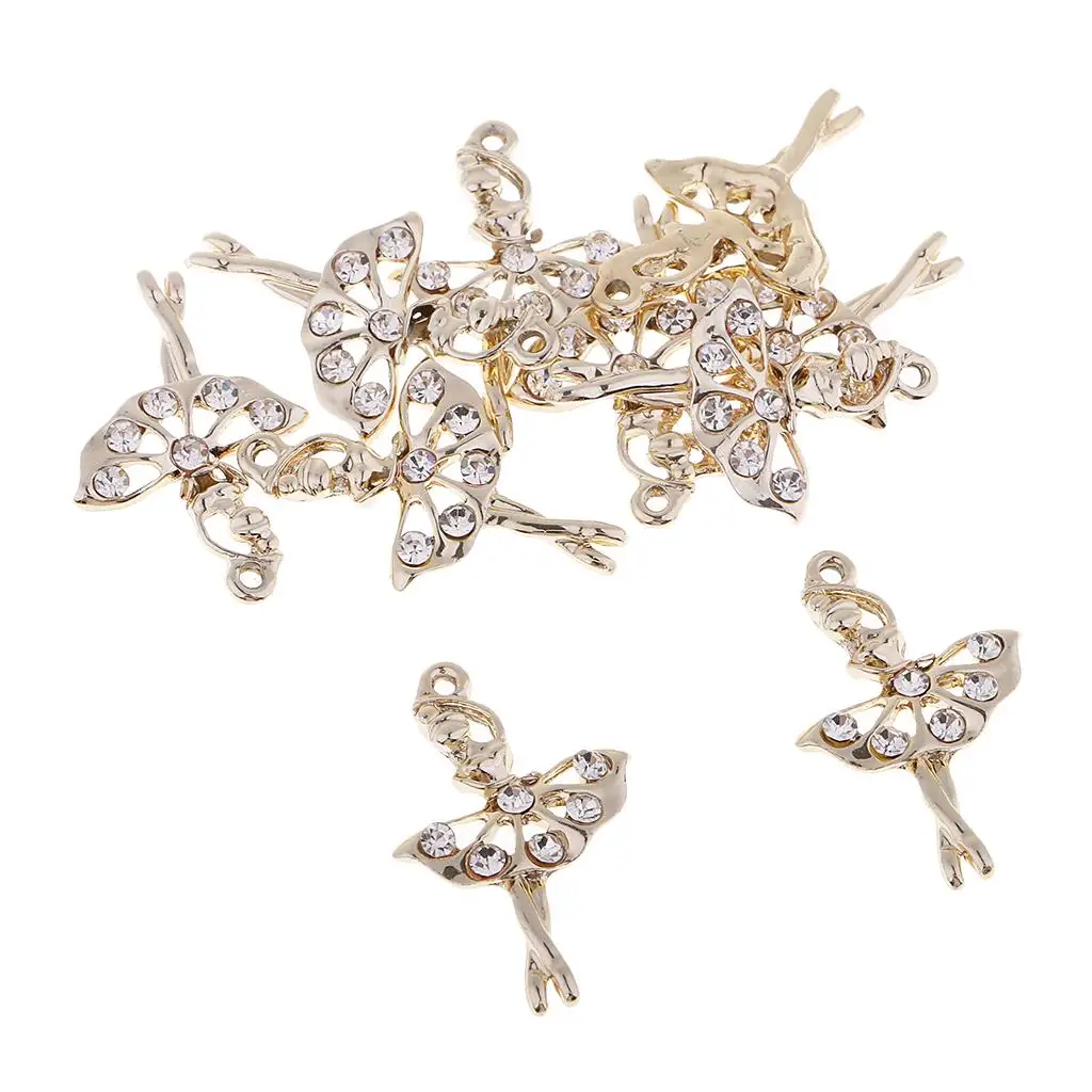 10Pcs Rhinestone Fairy Ballet Dancer Ballerina Girl Gold Color Alloy Charms Necklace Pendant DIY Jewellery Making for Women Girl