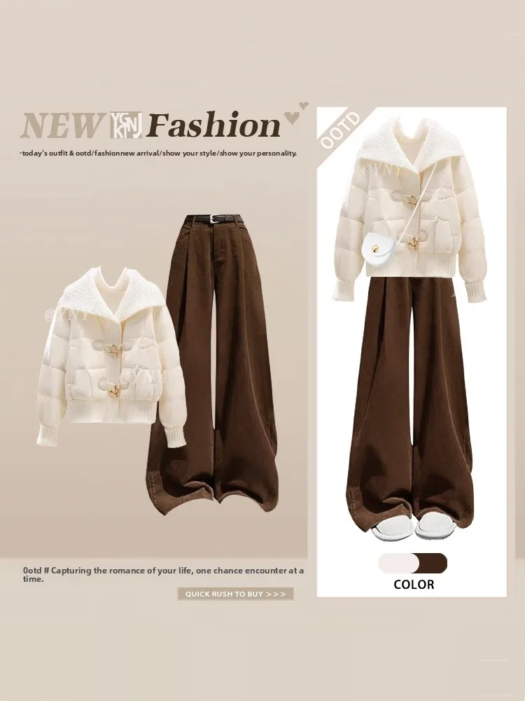 

Утепленный ретро-комплект в гонконгском стиле: хлопковая куртка и свободные женские повседневные брюки с высокой талией, зимний модный комплект из двух предметов