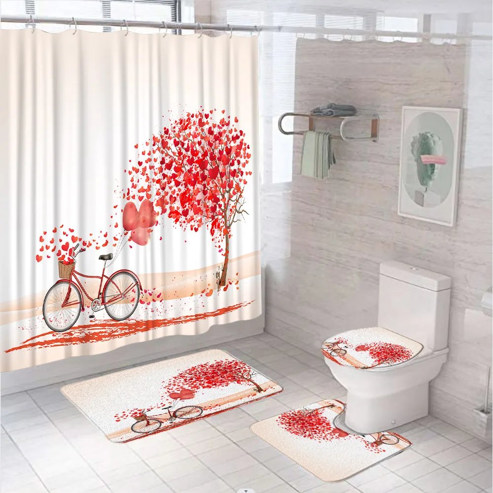 

Valentines Day Shower Curtain Romantic Love Hearts Tree Bike Petals Bathroom Curtain Sets Non-Slip Rug Toilet Lid Cover Bath Mat