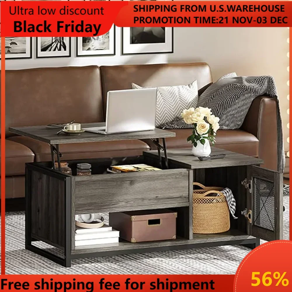 Lift Top Coffee Table with Storage, Double Doors , Wood Tea Center Table sLiving Room for Home Offices, Grey Wash