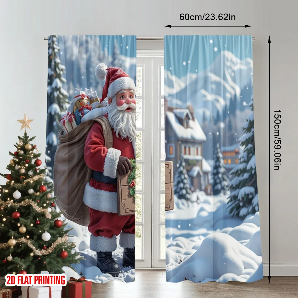 2pcs 2D flat printing Christmas Party Curtain Santa Claus Merry Christmas Gift_a Fabric Without Electricity Festive Holiday