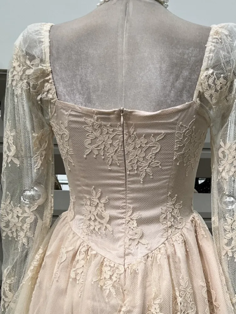 DFDG 2025 SS المرأة أنيقة الدانتيل قبالة فستان باف كم طويل سليم صالح الربيع الصيف حفل زفاف كوكتيل فستان أنيق #5