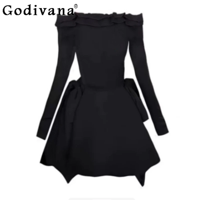 

Autumn Elegant Slash Neck Black Long Sleeves Irregular Dress High Waist Fashion Versatile Age-reducing Street Halloween Dresses