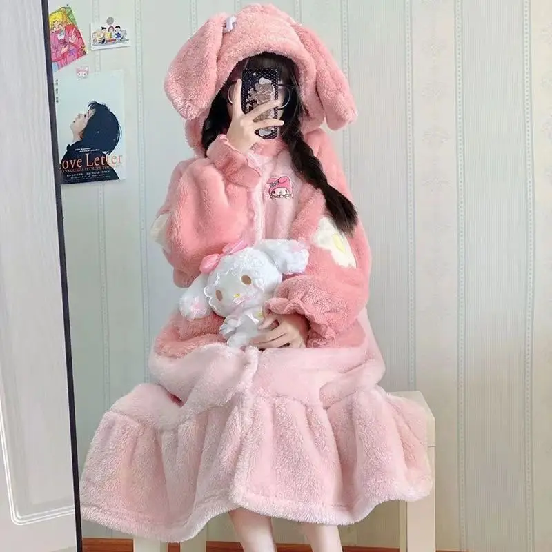 Sanrio Hello Kitty Cardigan Robe Fuzzy Kuromi Kawaii Anime Cartoon Girls Pajamas Wear Capes Cloaks Hooded Ponchos Couple Gifts