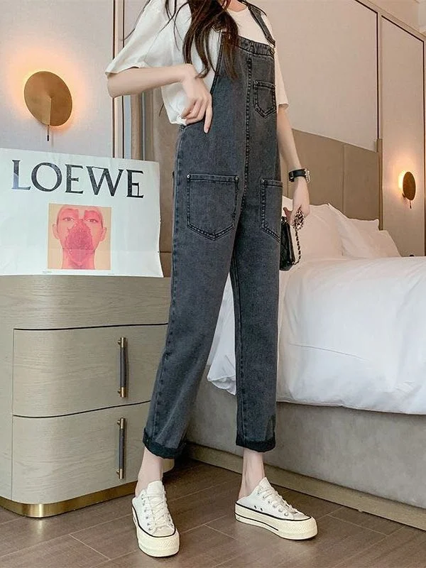 Luźne damskie ogrodniczki dżinsowe z wysokim stanem, niebieskie, codzienne, jesienne, nowość, odmładzające, modne spodnie cargo.