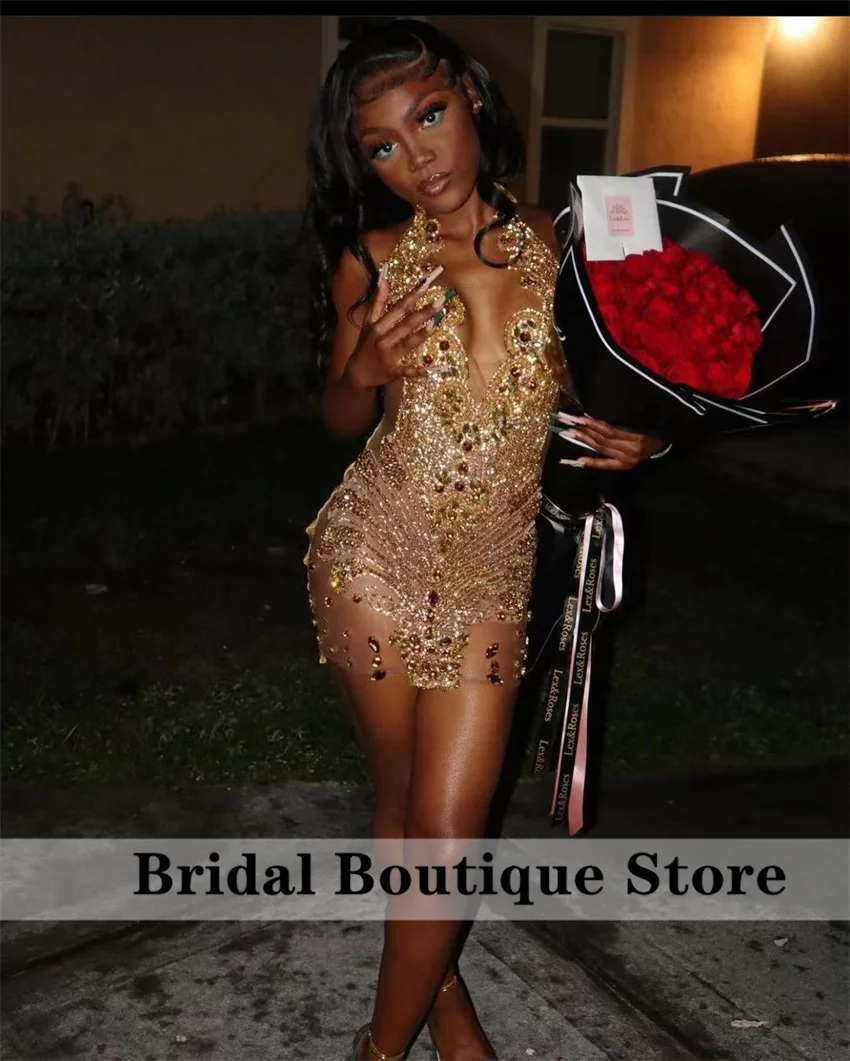 Seksowne świecące czarne diamenty krótka sukienka na studniówkę brokatowe kryształy Rhinestone koralik urodziny suknia koktajlowa Vestidos dostosowane