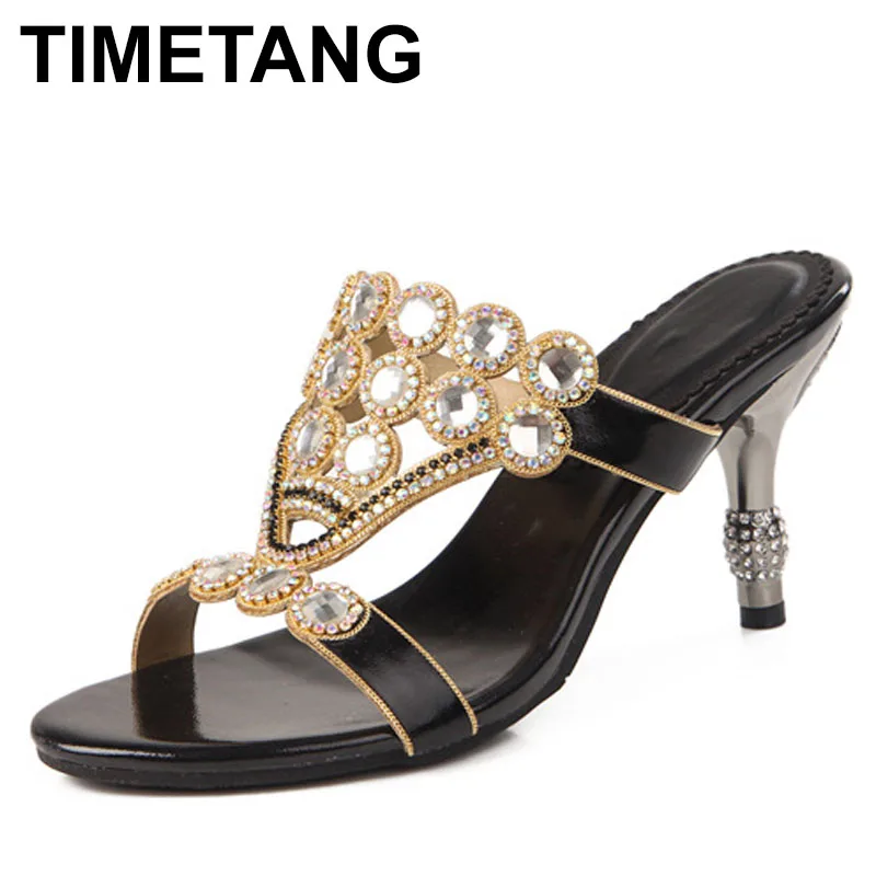 

2025 Women Rhinestone High Heels Slippers Party Shoes Open Toe Summer Slip Luxury Diamond High Heels Sandals Big Size 43 44