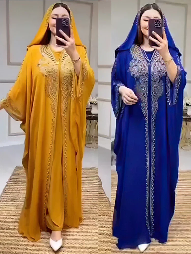 Vestido muçulmano para mulheres, Abaya com capuz, Diamond Jalabiya, Vestidos de festa Marrocos, Dubai Abayas, Kaftan, Long Robe, Conjunto de 2 peças