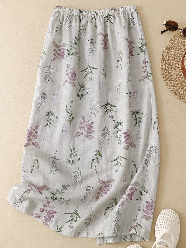Elegant Floral Cotton Linen Midi Skirt Women's Summer Loose Slimming Elastic Waist Drapey A-Line Skirt Casual High Waist