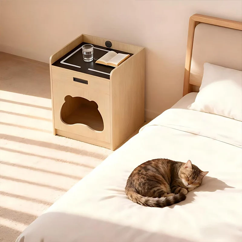 2-in-1 Cat Bed Nightstand with Hidden Cat Cave, Human Pet Shared Bedside Table, Multi-Functional Space Saving