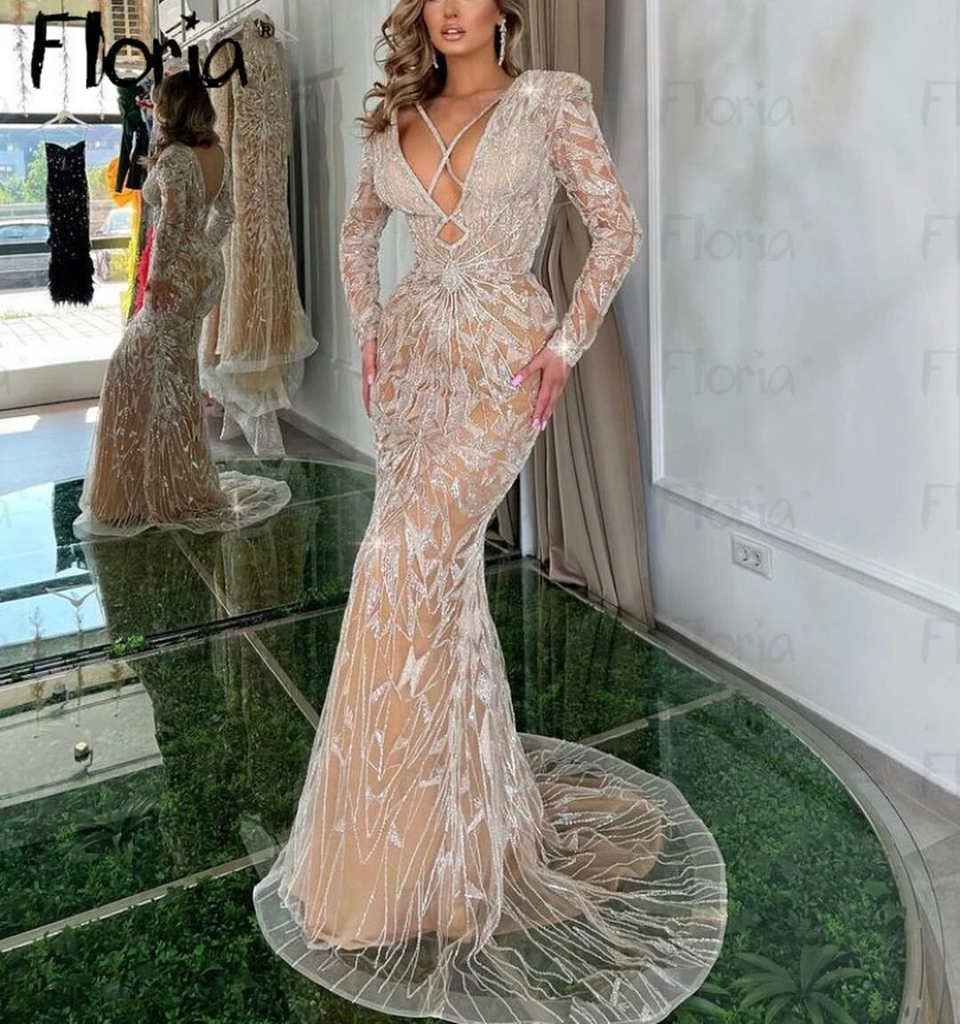 

Sexy Champagne Sparkle Beaded Party Dress Deep V Neck Mermaid Celebrity Dresses With Sweep Train Women Luxury Wedding Night Gown