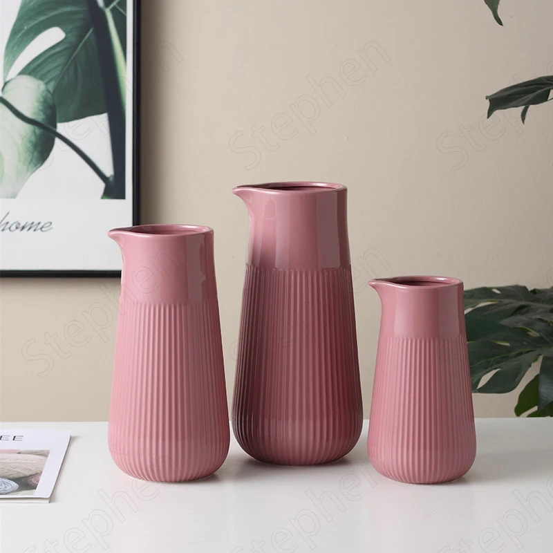 Modern Simple Candy Powder Ceramic Vase Nordic Vertical Stripes Embossed Spout Decorative Vases Ceramic Living Room Decoration