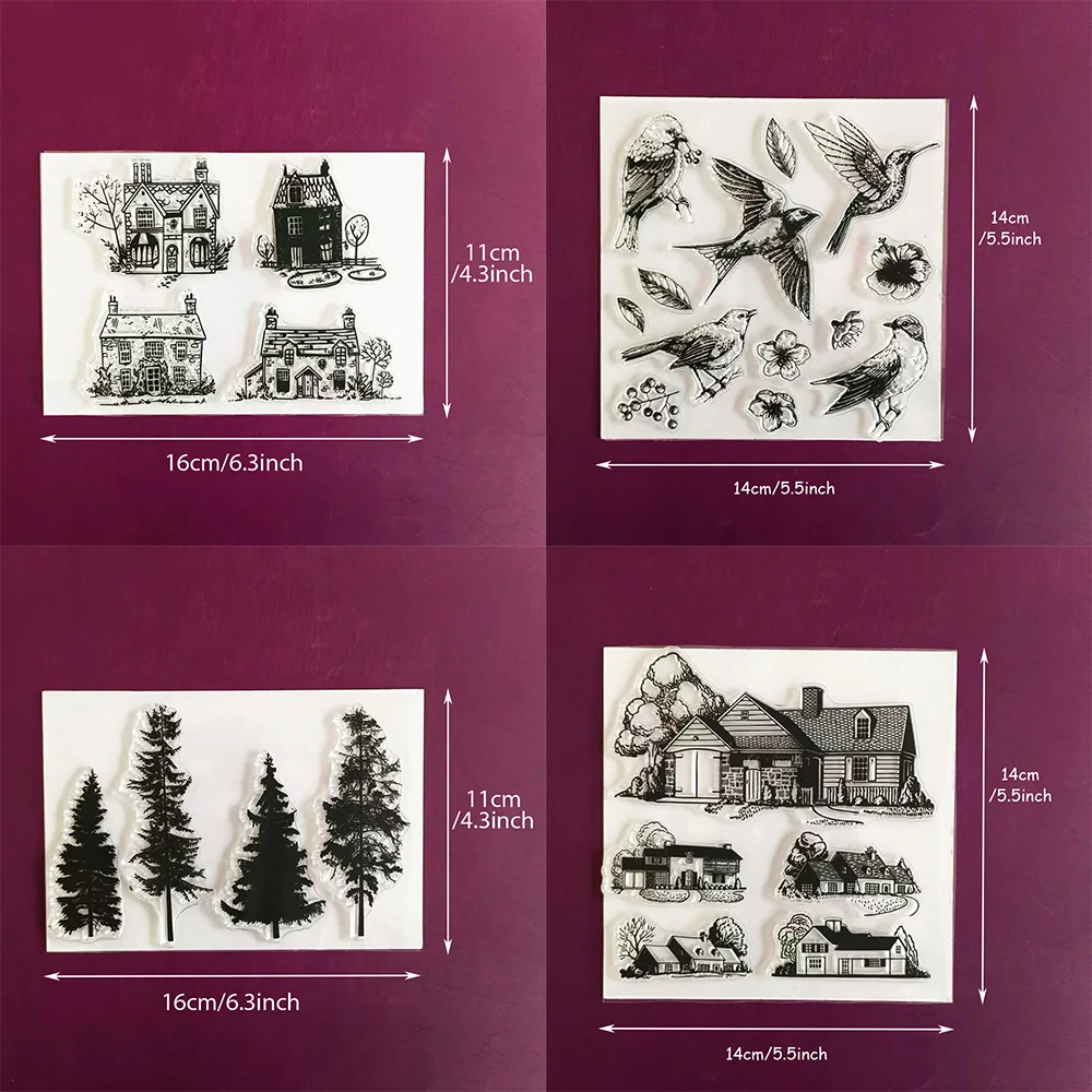 Transparente Silikonstempel mit Baum-, Vogel- und Hausmotiven, ideal für Scrapbooking, Journaling, DIY-Bastelarbeiten und Grußkarten-Dekoration
