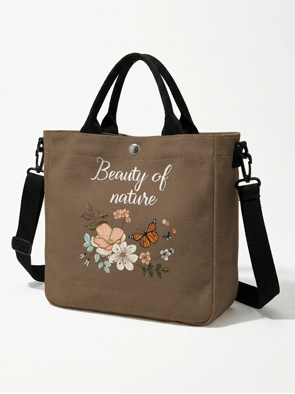 Floral Butterfly Letter Print Brown Canvas Tote Bag Detachable Strap Crossbody Handbag For Women Daily Shopping view 4