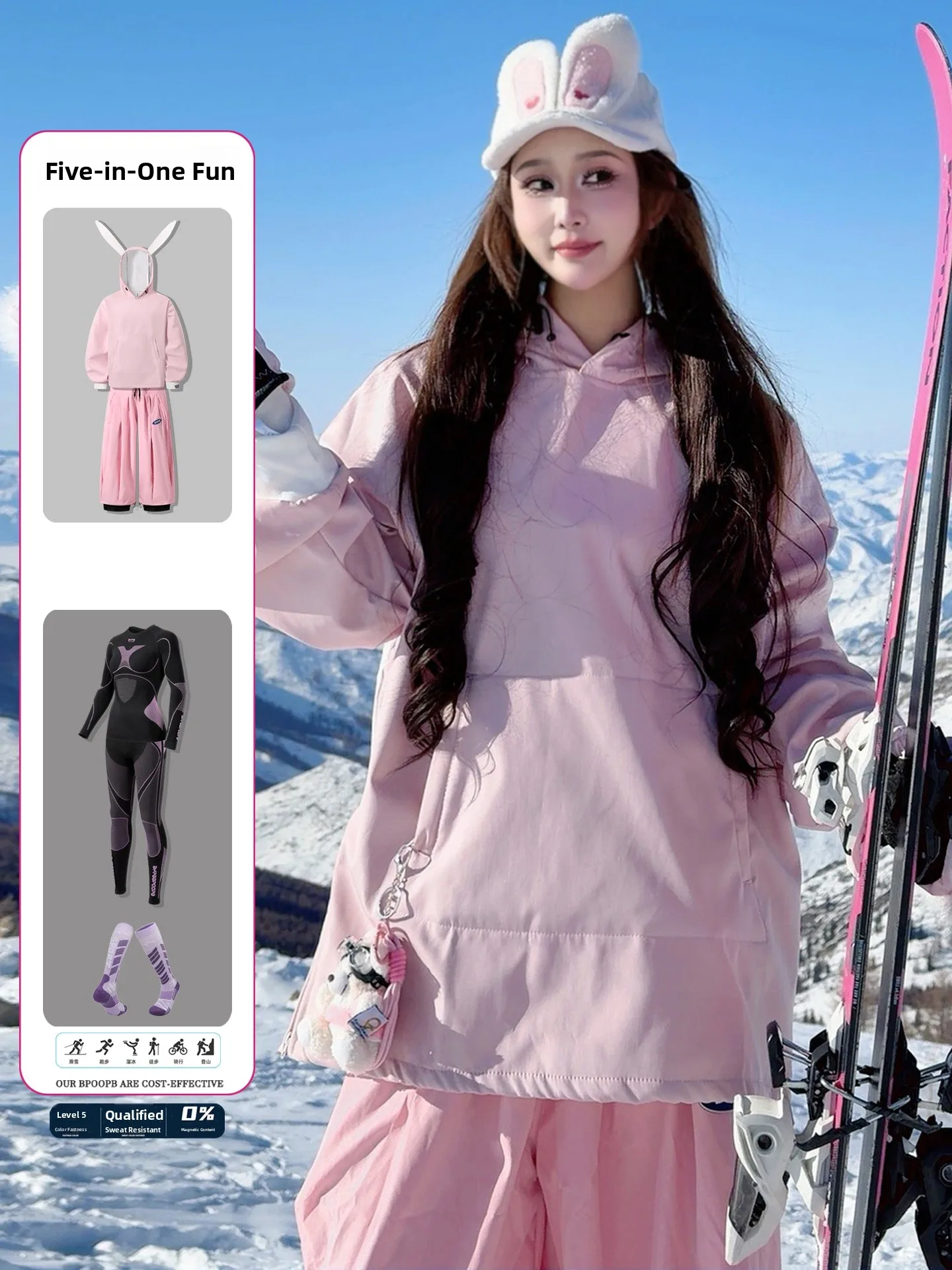 Pink Rabbit Ear Snowboard Suit Set Men's Waterproof Windproof Wear Resistant Single Board Snow Suit Full Skiing Equipment - view 2