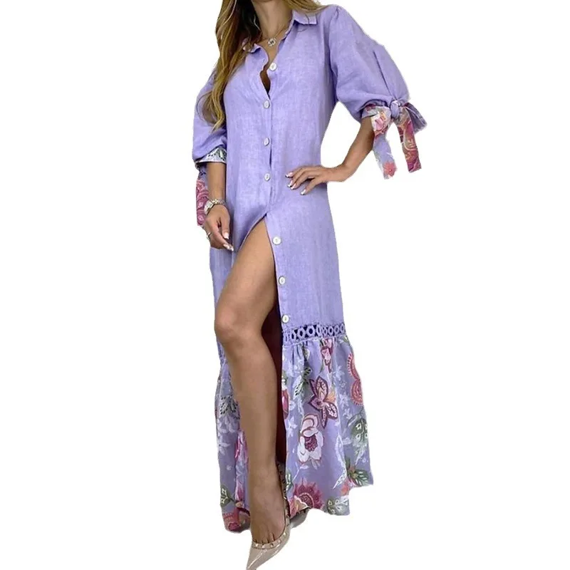 2025 الخريف قميص نسائي DressFashion مريحة عادية القطن والكتان الربط الدانتيل 7 نقاط كم تنورة طويلة