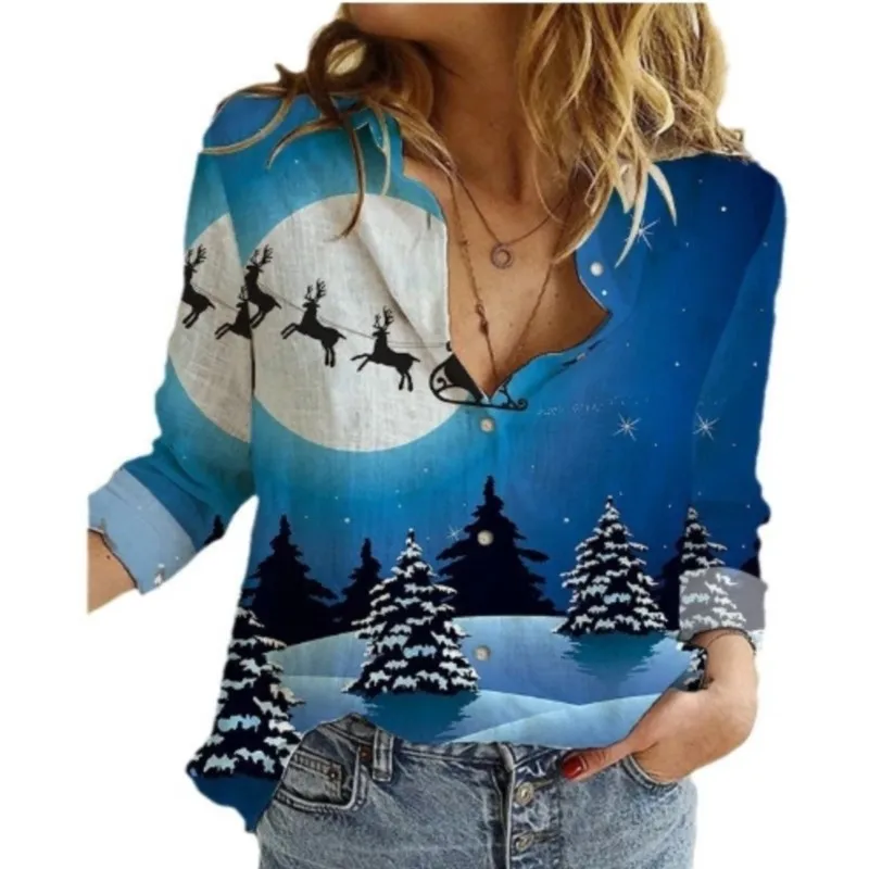 Elegant women\'s long sleeved shirt with Christmas print sexy lapel button up shirt exuding a sense of sophistication for women