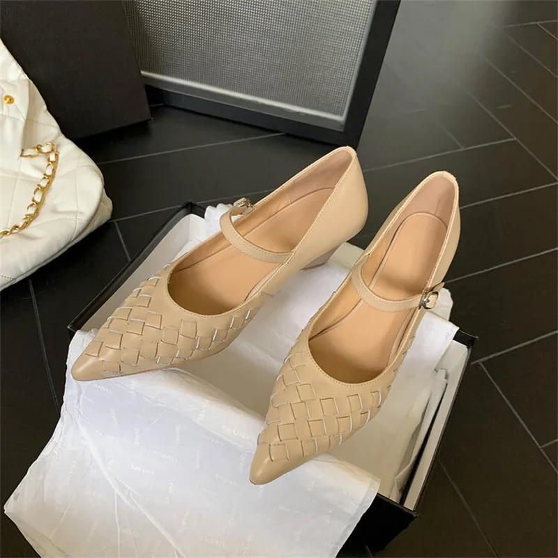 

Genuine Leather Weave Wedges Pumps Pointed Toe Ankle Strap Elegant Shallow Spring Autum Women Casual Shoes Office Lady Commute