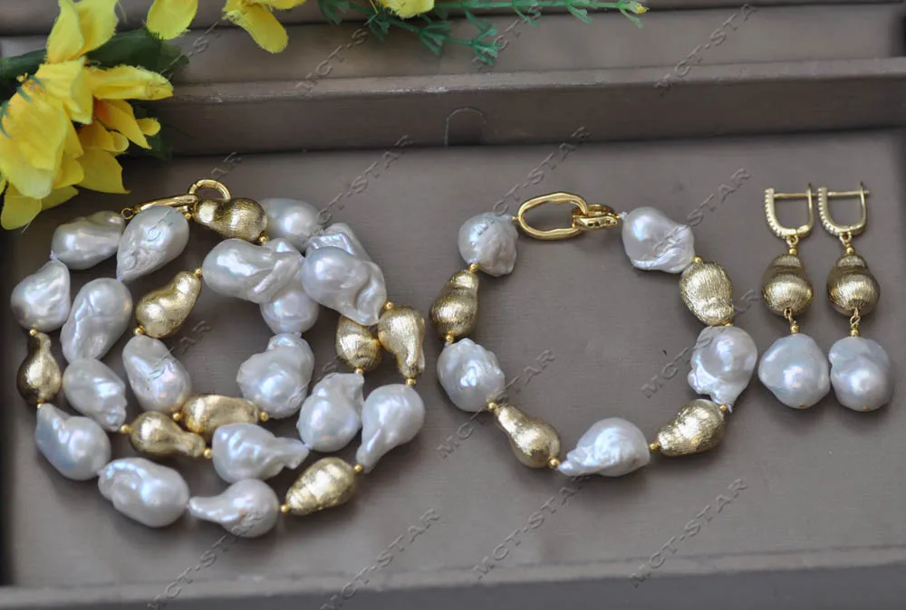 Z13124 Set 24mm White Baroque Keshi Reborn Pearl Gold-Plated Peasecod Necklace Bracelet Earring