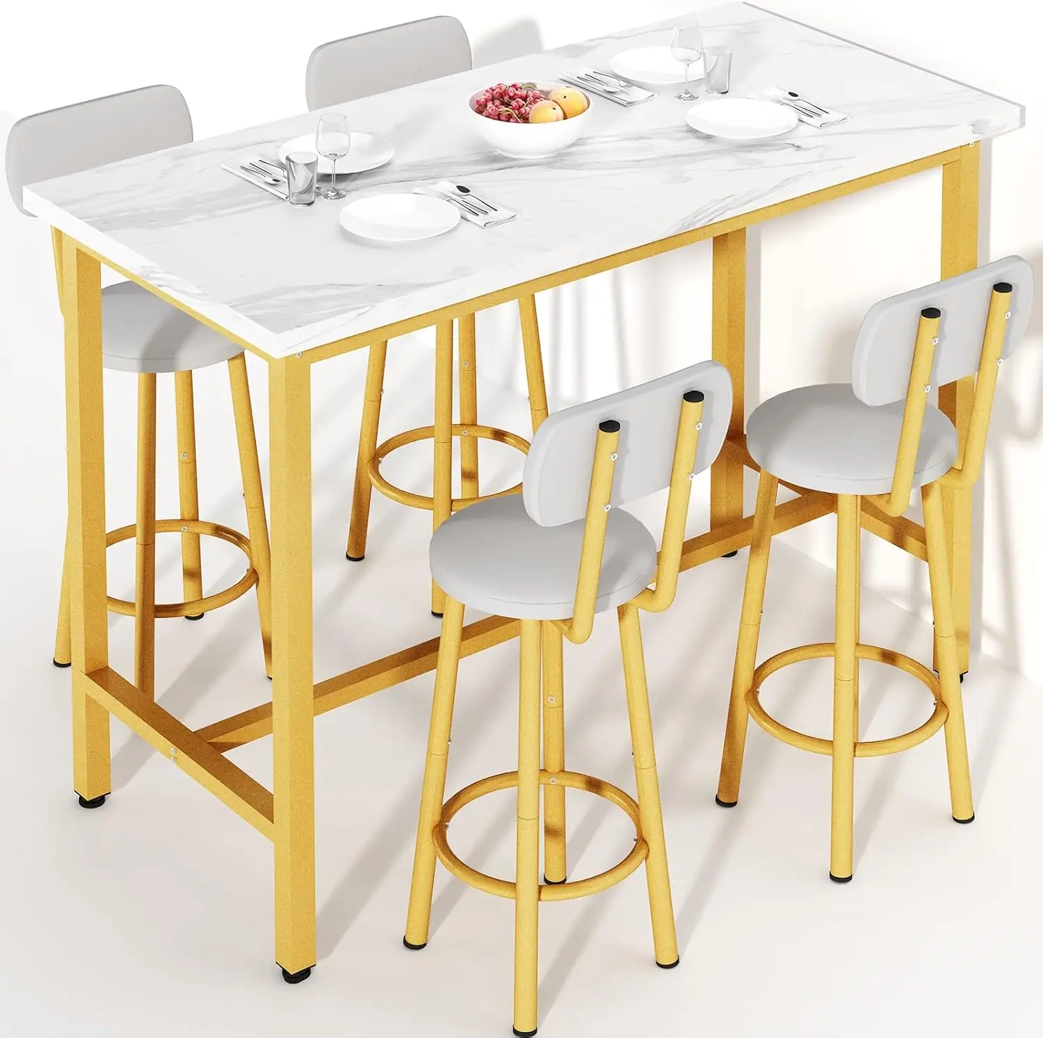 Dining Table Set, 43.3” Rectangle Pub Bistro Dining Set Bar Table with Backrest Stools, 5-Piece Breakfast Table Set, Metal Frame