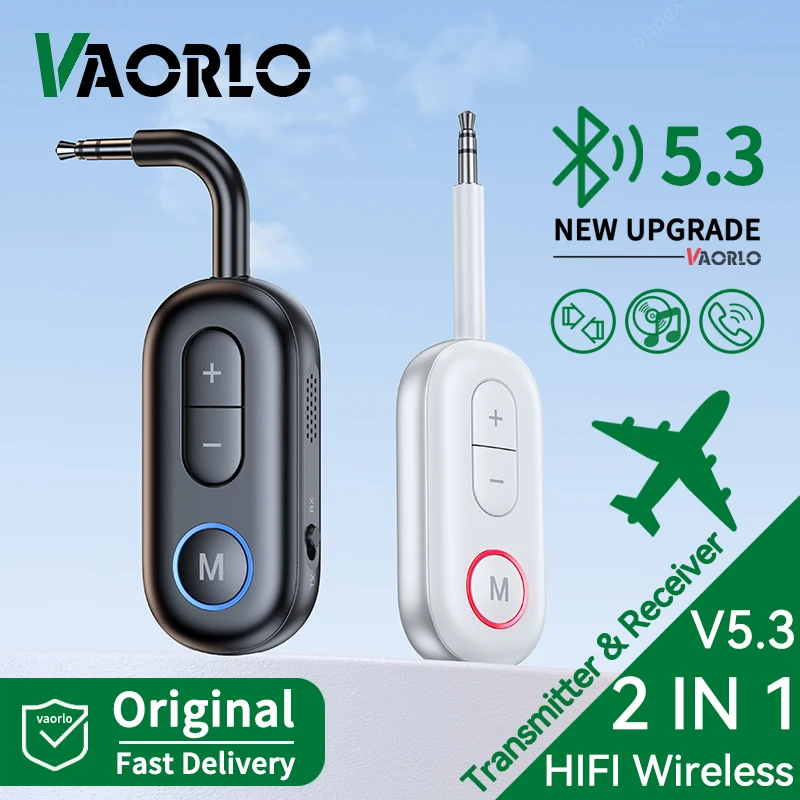 VAORLO 2 w 1 Bluetooth 5.3 nadajnik-odbiornik audio 3.5MM AUX Hifi muzyka stereo bezprzewodowy Adapter z mikrofonem do samochodu samolot TV PC słuchawki z głośnikiem