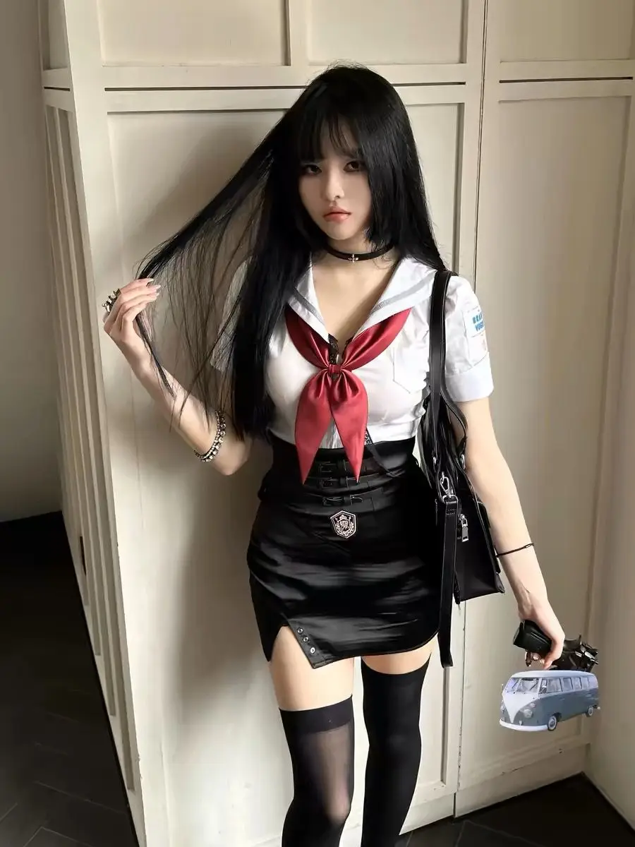 

Japan Academy Style JK Uniform Set Sexy Navy Neck Tight Shirt+Spicy Girl Slimming Wrap Hip Skirt Two Piece Set Women Outfits