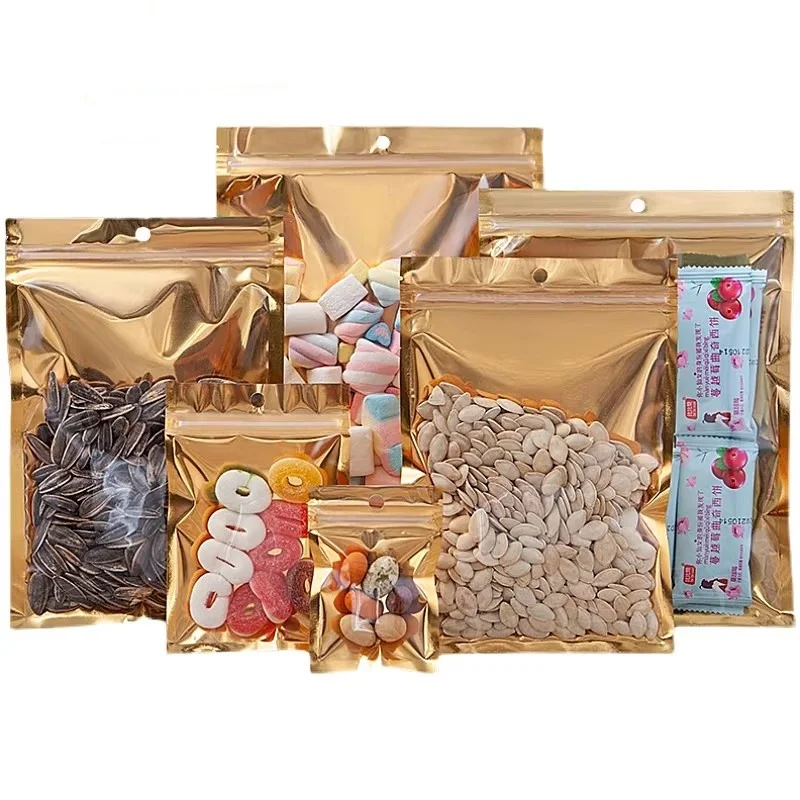 100PCS Clear Flat Gold Foil Hanging Ziplock Bag DIY Logo Print Matcha Cocoa Drip Coffee Tea Snack Spice Beaf Packaging Pouches