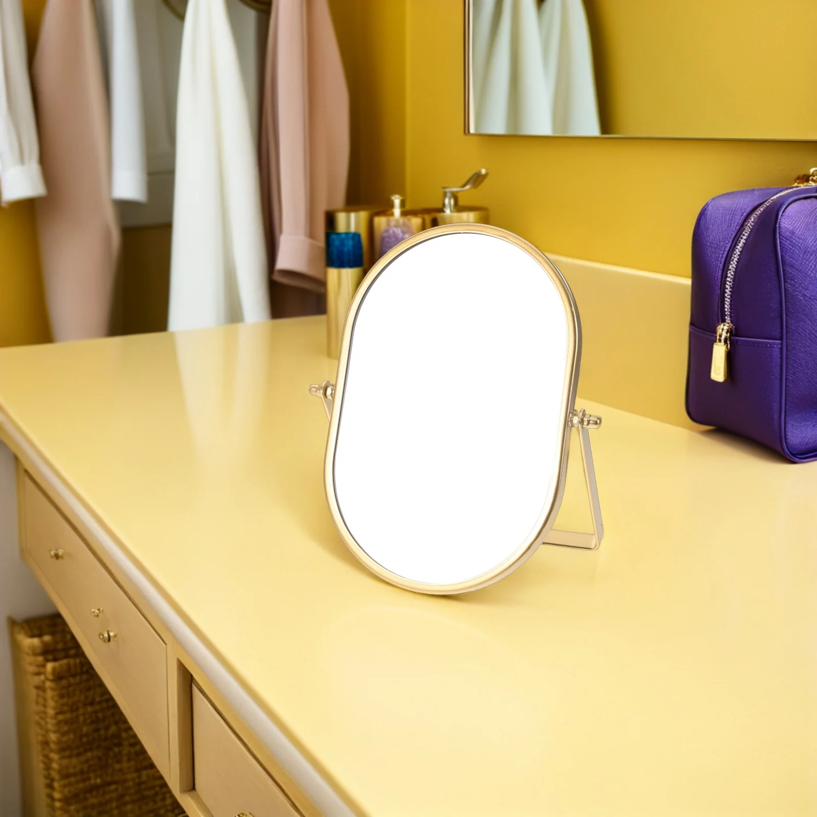 楕円形テーブルミラー ゴールドフレーム 360度回転 コンパクト折りたたみ式化粧鏡 バニティデスク 小型装飾折りたたみ式デスクミラー