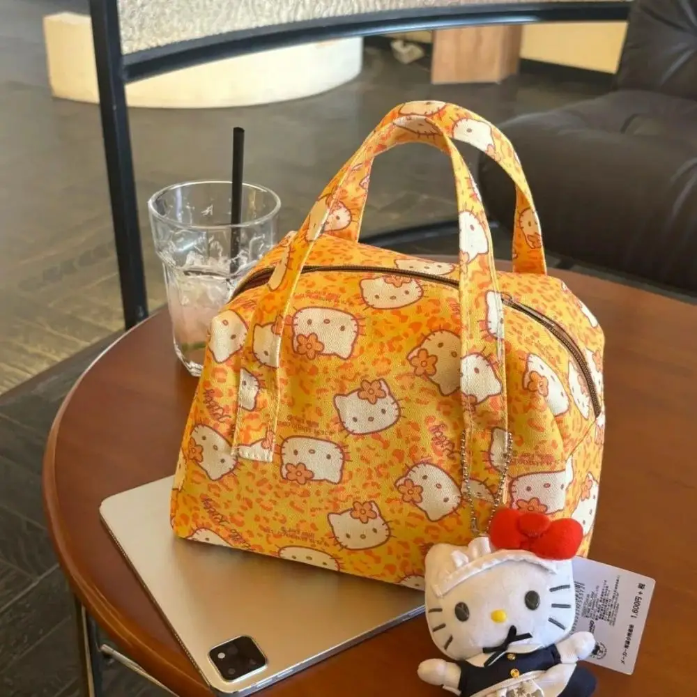 

Kawaii 2025 Hello Kitty оранжевая холщовая сумка с леопардовым принтом Sanrio мультфильм на молнии портативный ланч-бокс сумка для хранения праздничный подарок
