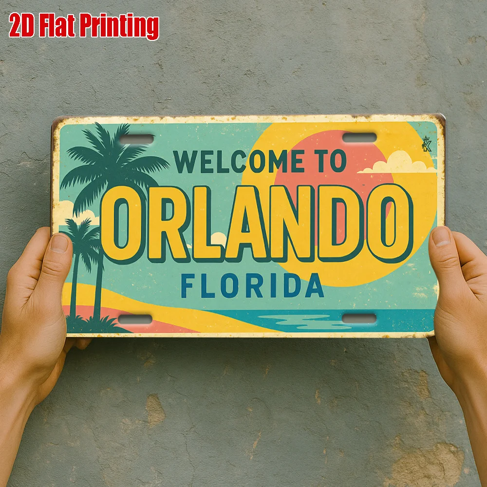 مسطح ثنائي الأبعاد، لوحة ترخيص ألومنيوم قديمة واحدة - مرحبًا بكم في مشهد غروب الشمس أورلاندو فلوريدا، مناسب لغرف الألعاب، ومنازل العطلات