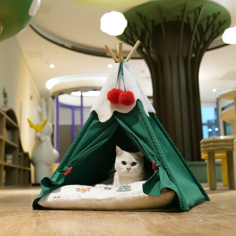 

Solid Pattern Wood and Fiber Christmas Pet Tent With Mat Outdoor Dog Tent Beds for Cats